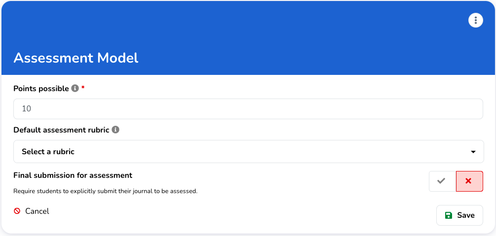 Assignment assessment model menu in edit mode