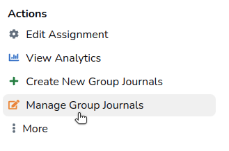 Manage Group Journals button highlighted in the actions menu