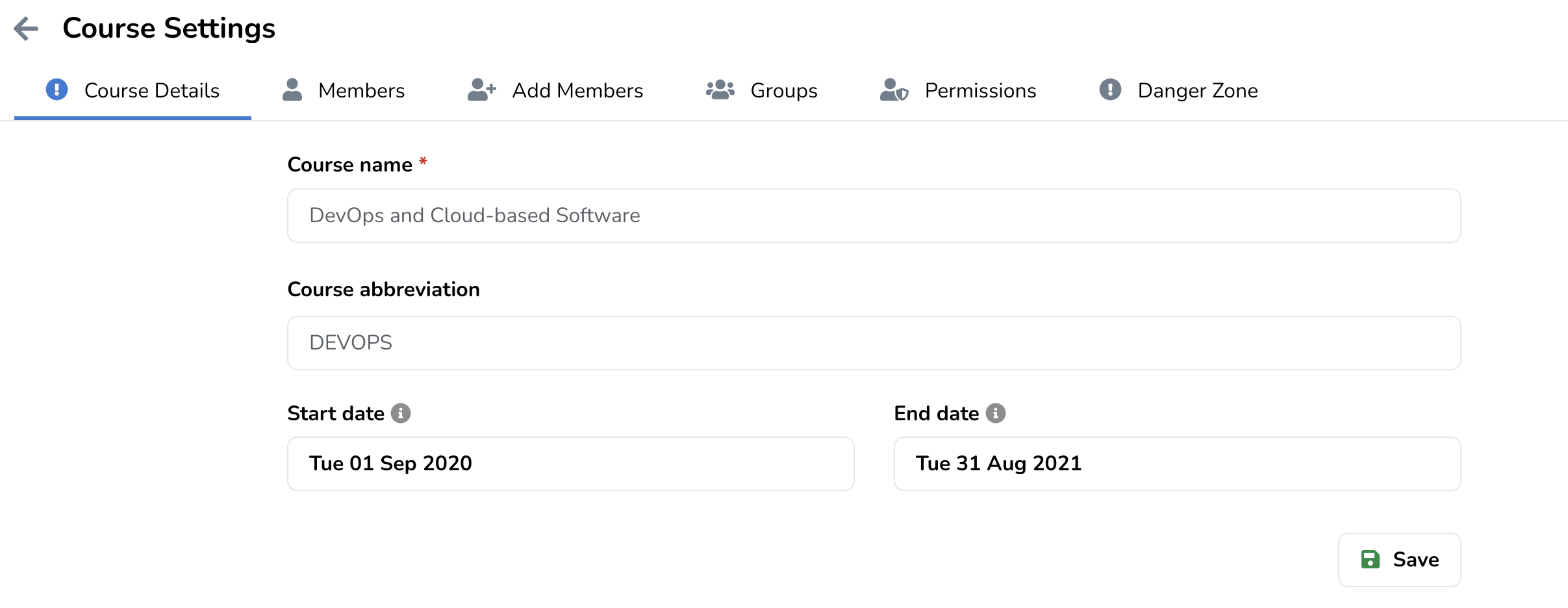 Course settings page