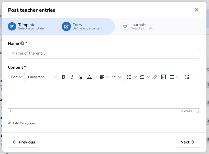 Teacher entry creation menu with template selected